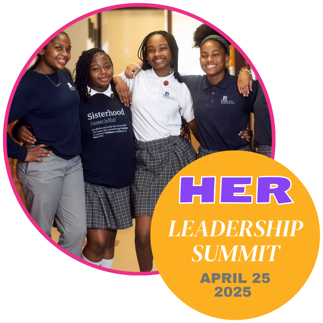 Four Black middle school girls pose, smiling at the camera. Graphic text: HER Leadership Summit; April 25, 2025