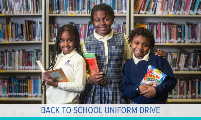 Three students pose smiling in their WSG uniform. Text reads: Back to School Uniform Drive